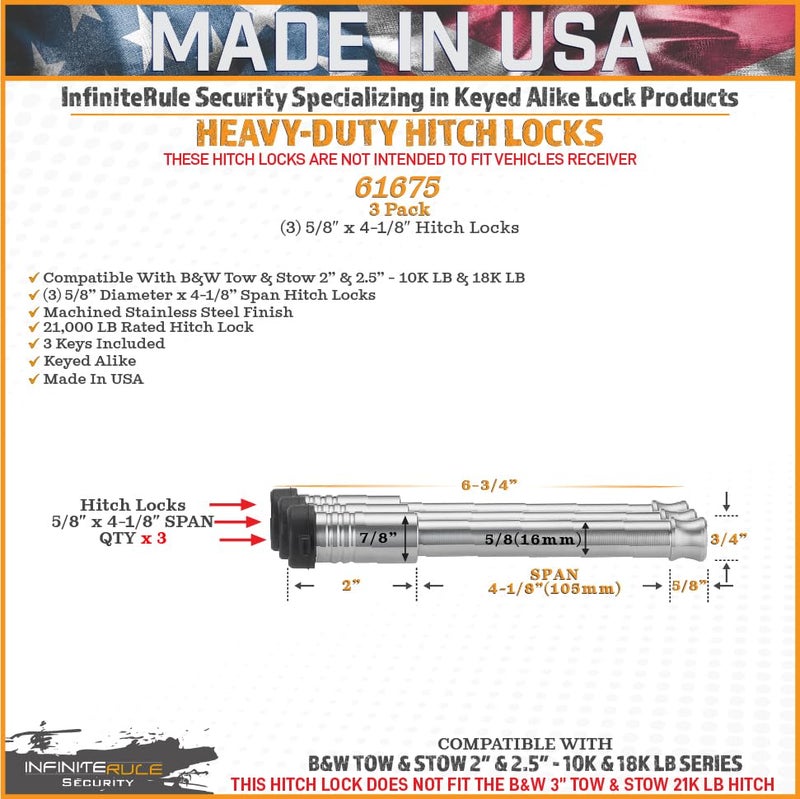 InfiniteRule Security 61675 | 3 Pack, Keyed Alike, Hitch Locks for B&W 2" & 2.5" Tow and Stow 10K LB & 18K LB - Fits Adjustable Ball Mount Only - Does NOT FIT Vehicle Receiver - Image 3